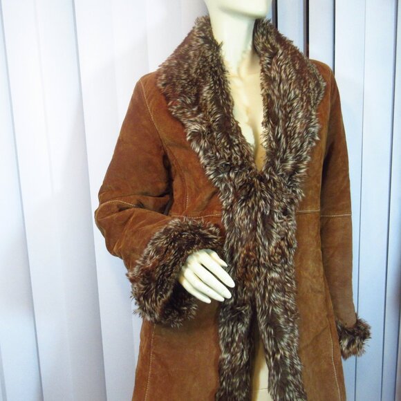 Vintage Marvin Richards Genuine Leather Jacket Long Trench Coat Medium Fur Trim - Picture 4 of 16